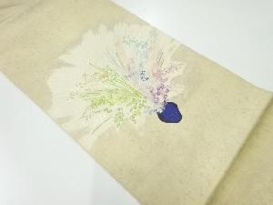 アンティーク　花器に草花模様織出し袋帯（材料）
